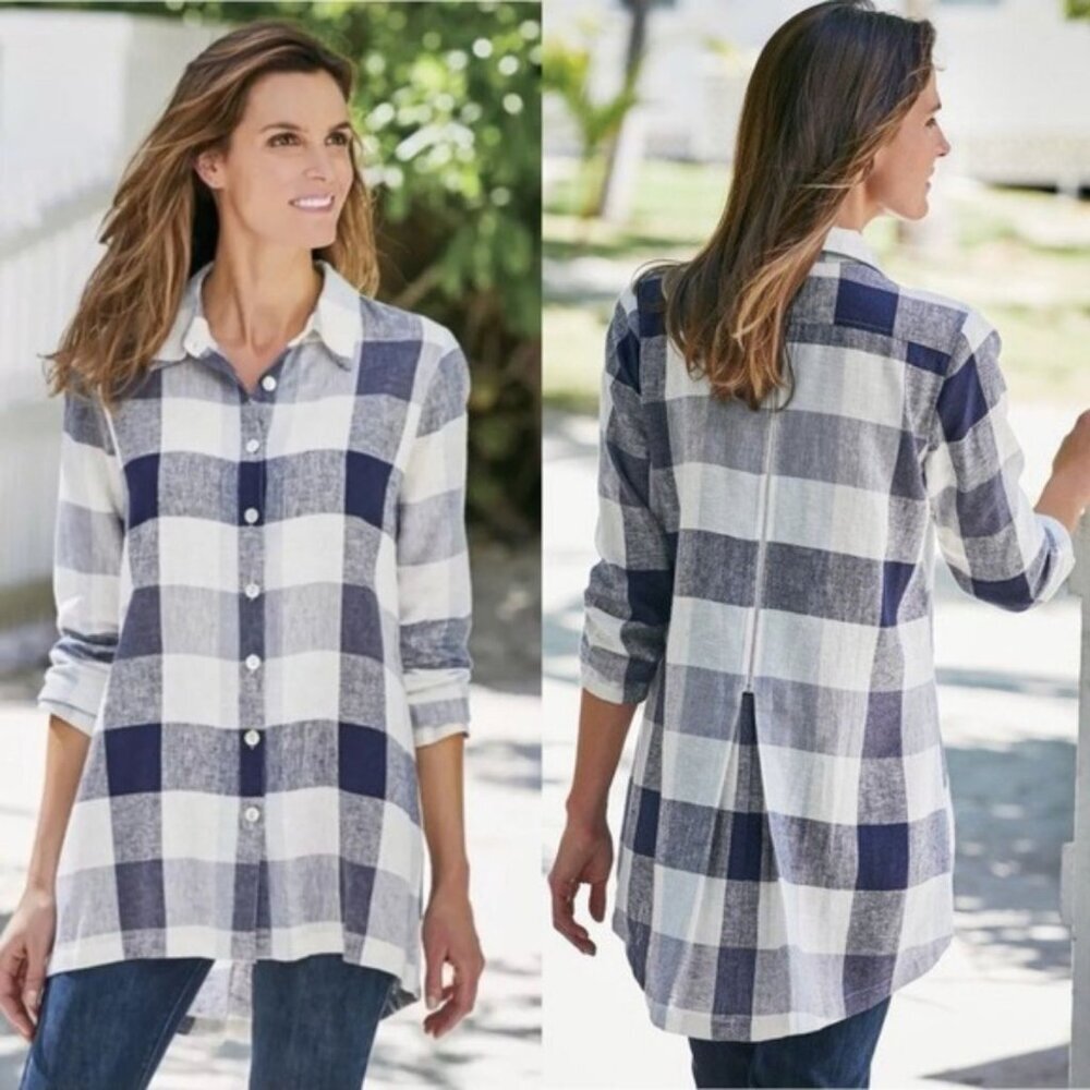 Soft Surroundings Linen Blend Carreaux Shirt Blue White Plaid Button Up Zip Back